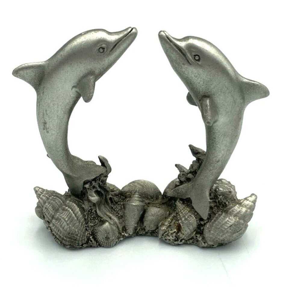 Vtg Spoontiques Pewter Dolphins Figurine Jumping Seashells Nautical Beach USA